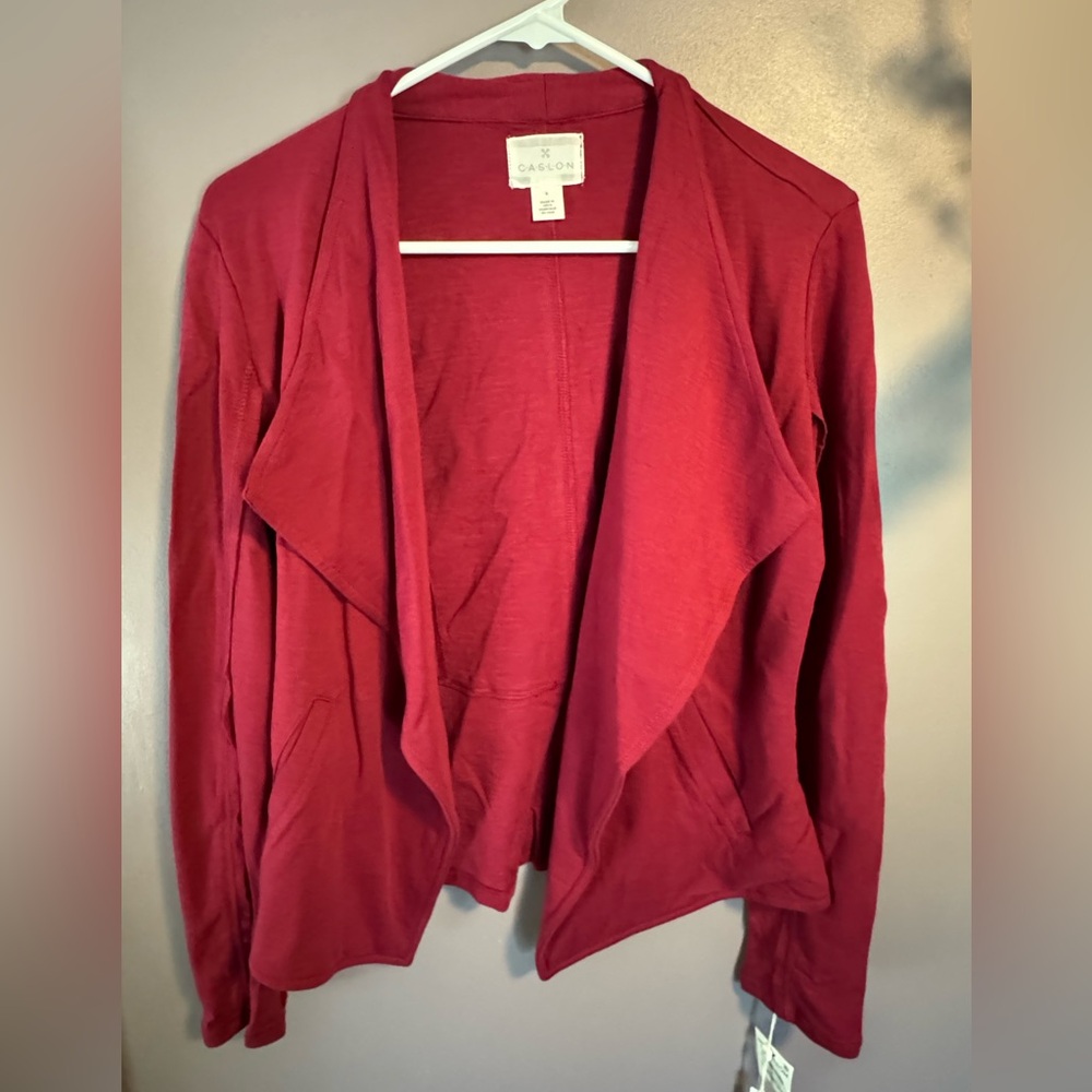 New Calson Women's Burgandy Open Front Cardigan Sweater. 100% Cotton. Size Small